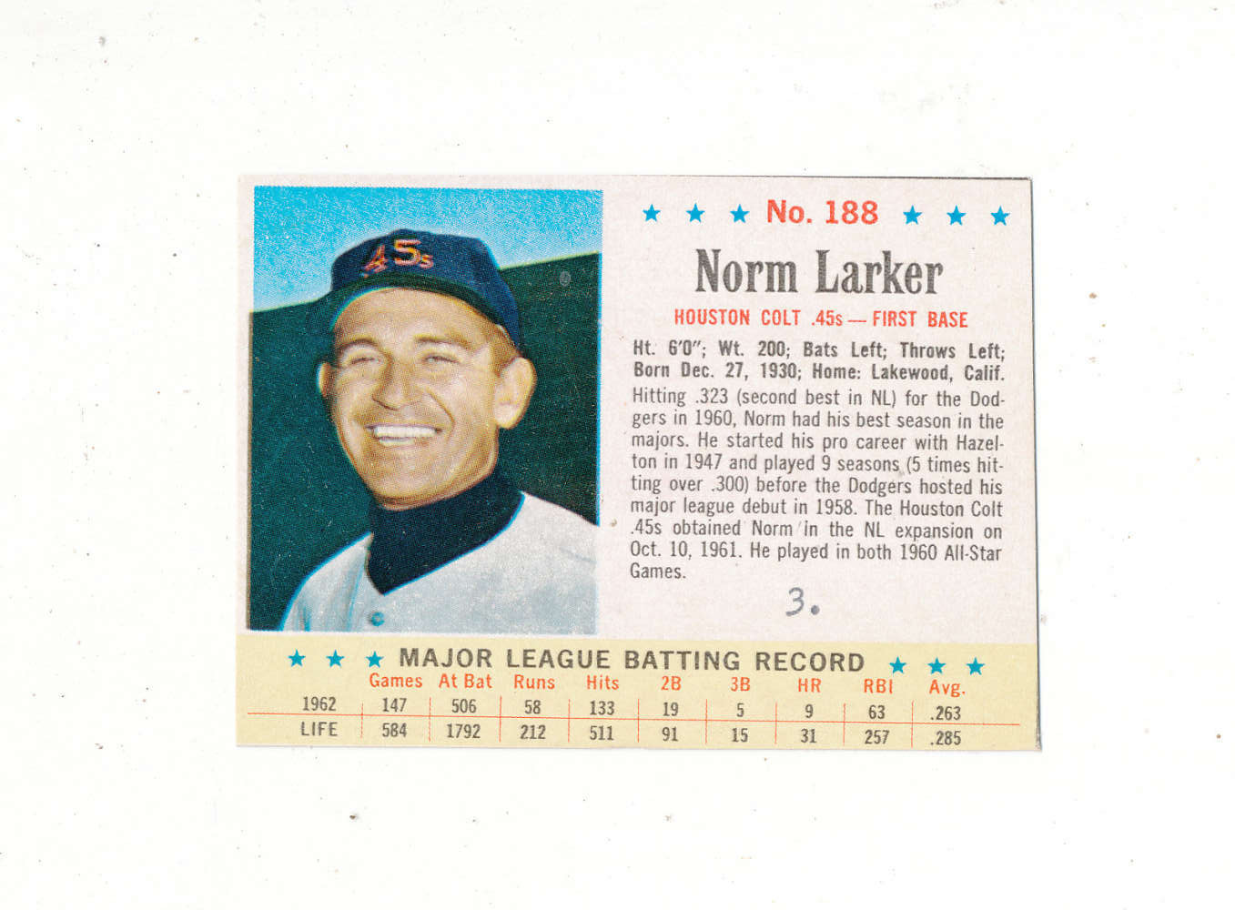 Norm Larker Colt .45s #188 1963 Post card em (marking) bm