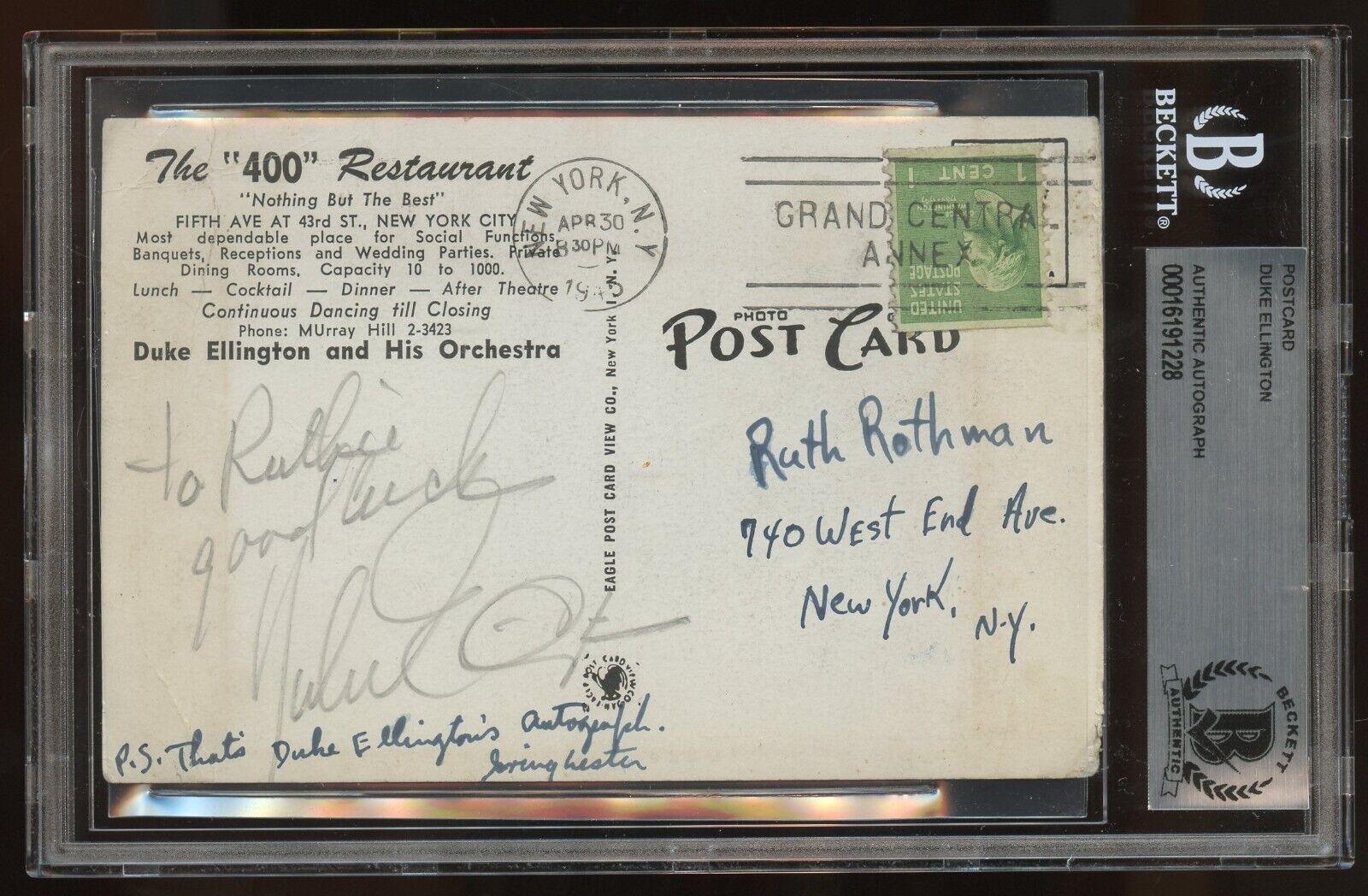Duke Ellington signed autograph auto Postcard American Jazz Pianist BAS Slabbed