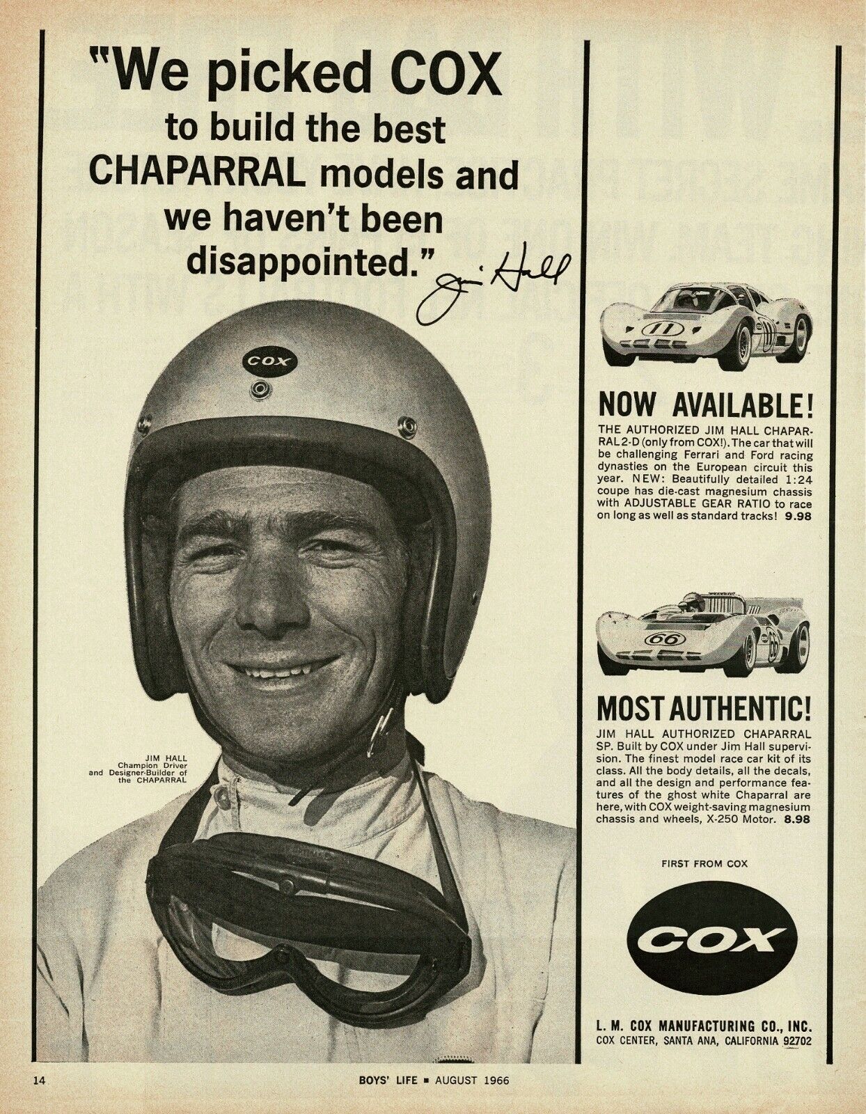 1966 COX model car kit Chaparral SP and 2-D JIM HALL Vintage Print Ad
