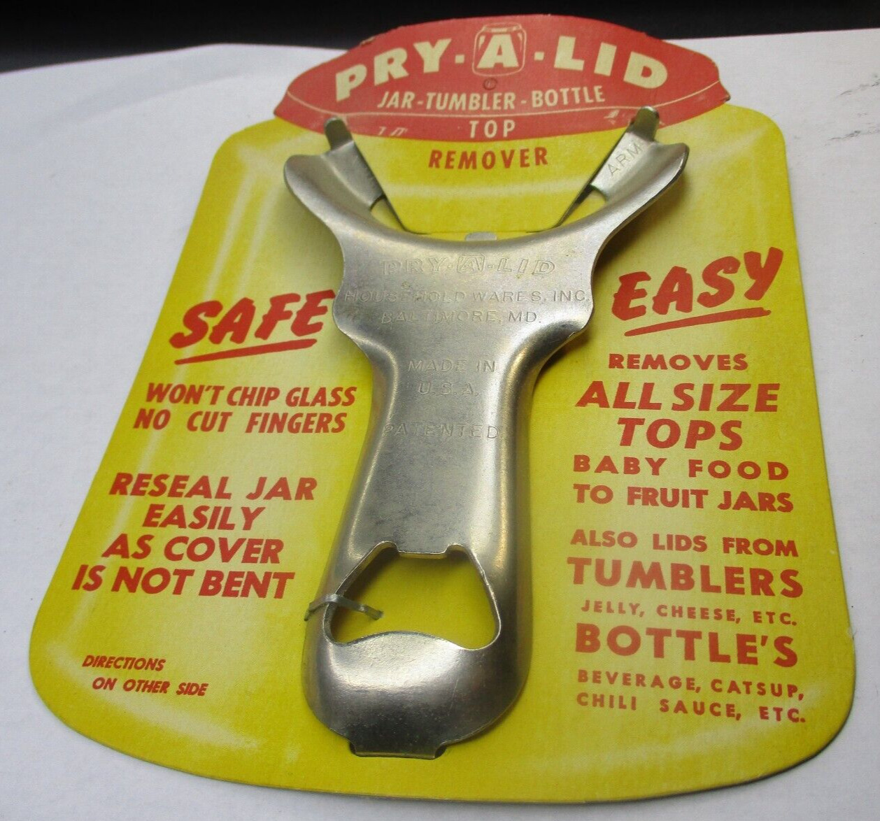 Pry-A-Lid Mason Jar Lid Opener & Bottle Cap Top Remover New NOS
