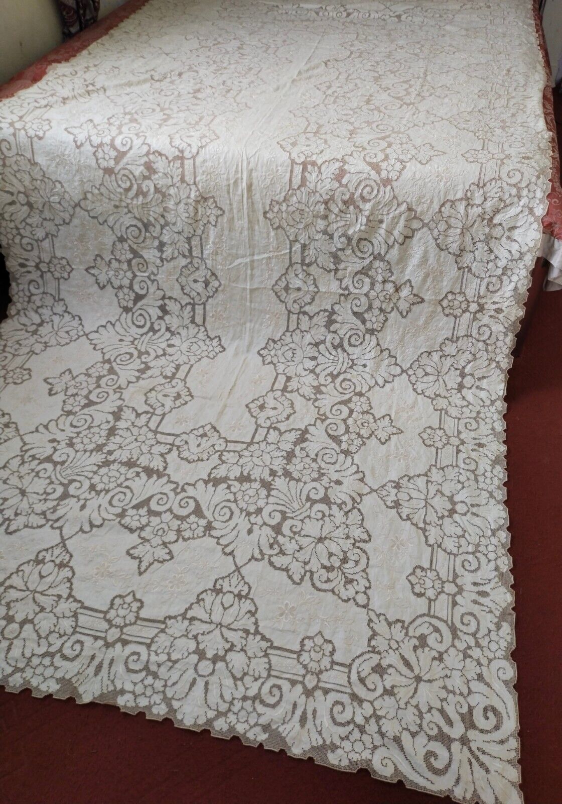 vintage gorgeous Italian punto linen lace tablecloth needlework embroidery 902