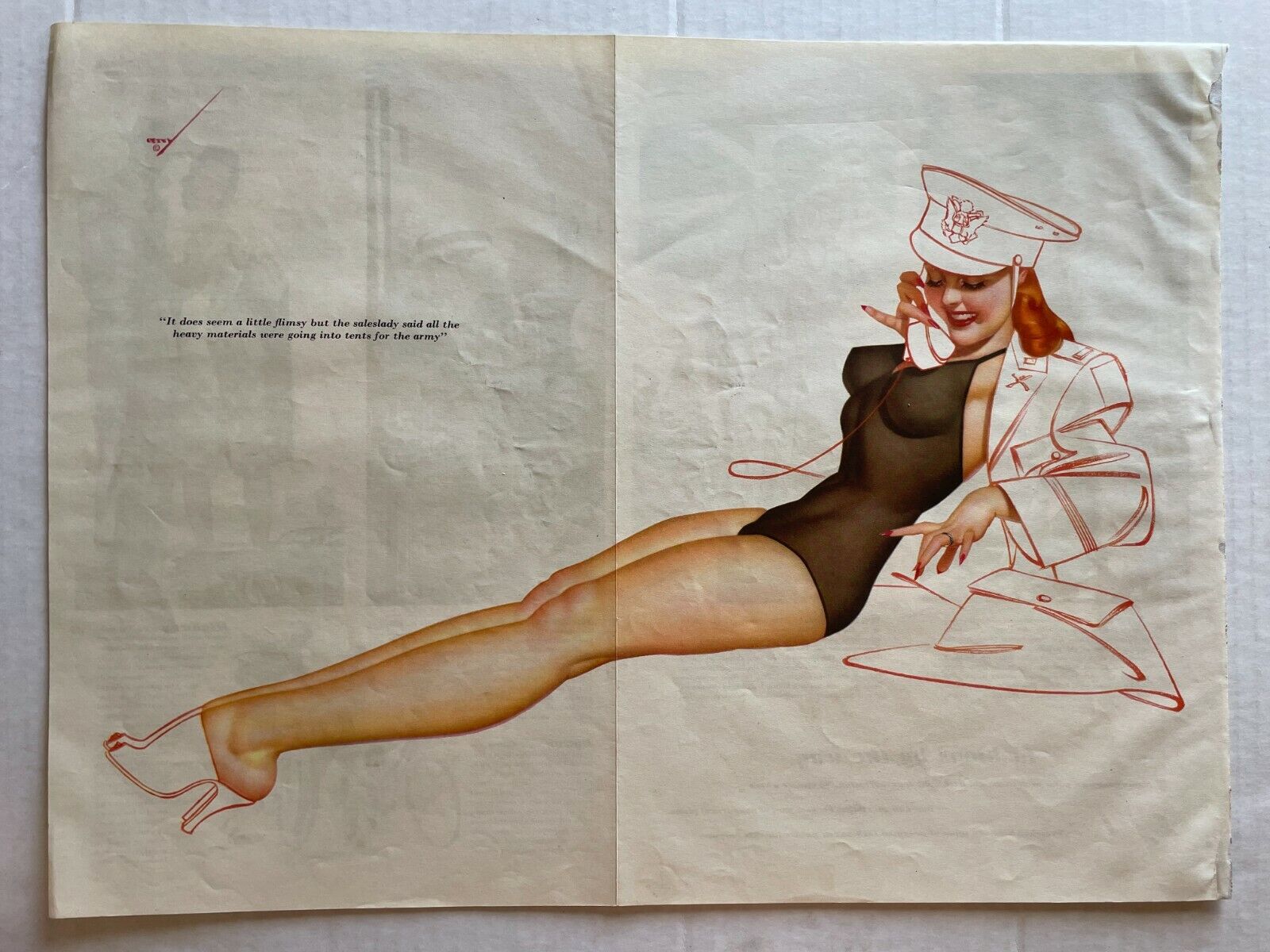 Vintage Pinup Girl Centerfold by George Petty- Redhead on Phone w/ Army Hat