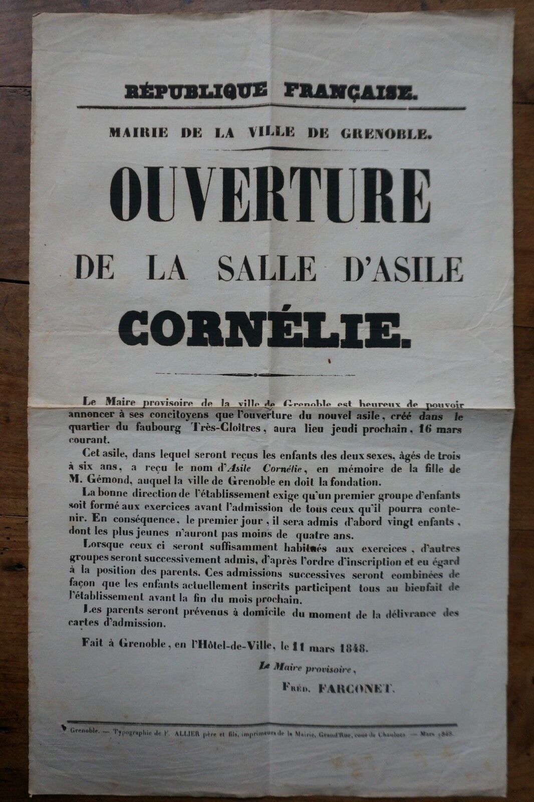 MUNICIPAL POSTER - CITY OF GRENOBLE - MARCH 11, 1848 - PUBLIC INFORMATION