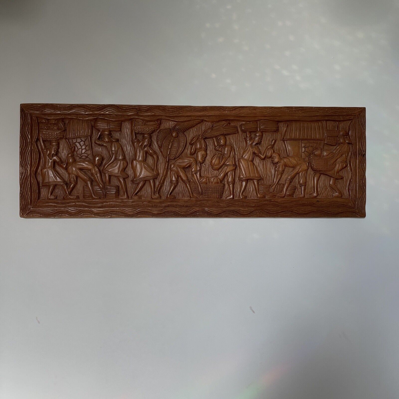 VTG Amazing Wood Carved Art Africans Farmer Scene signed by artist LOUIS