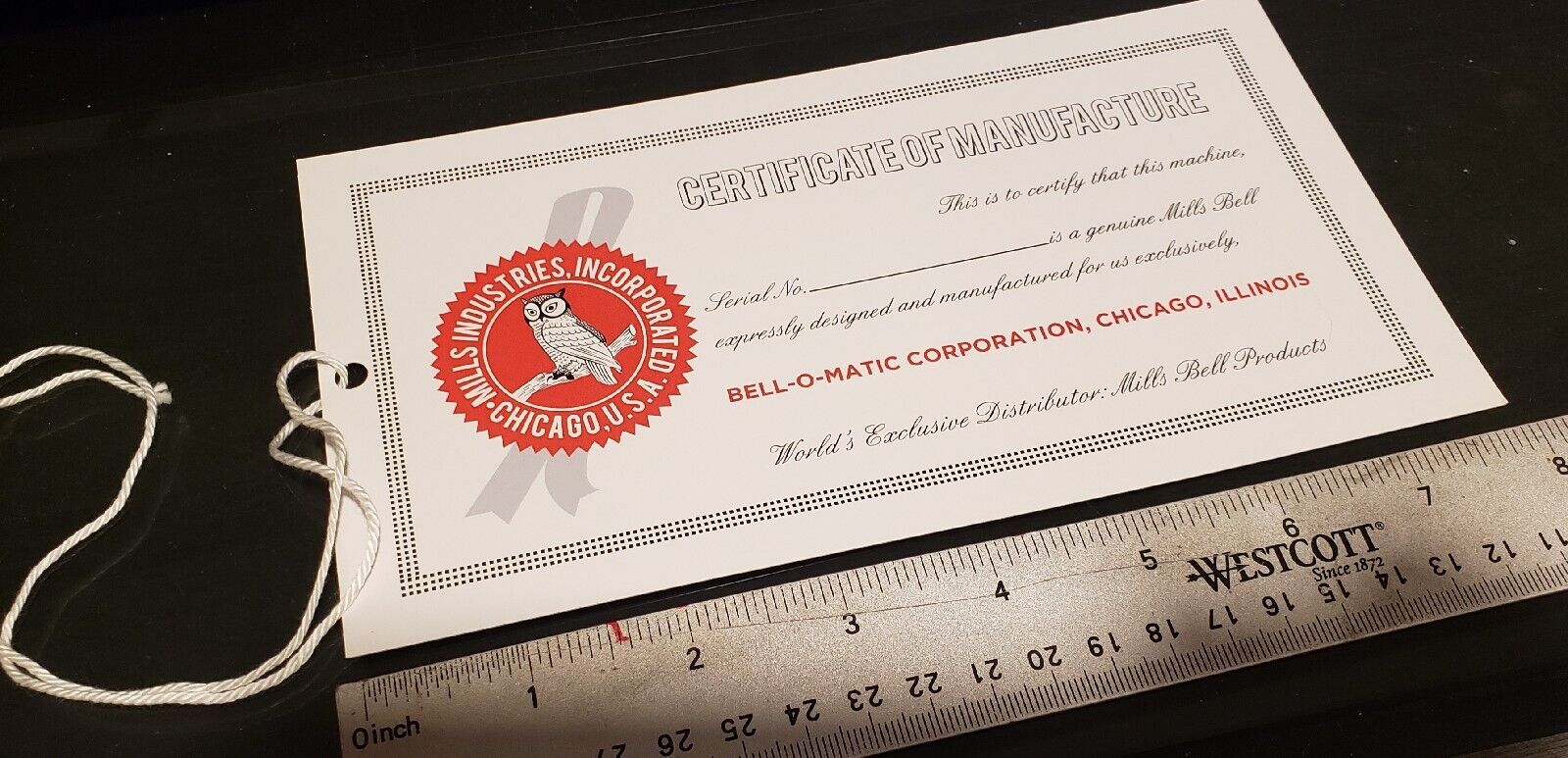 NOS MILLS ANTIQUE SLOT MACHINE CERTIFICATE OF MANUFACTURE BELL-O-MATIC TAG