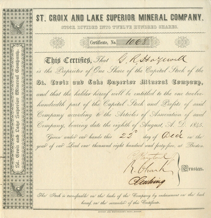St. Croix and Lake Superior Mineral Co. - Stock Certificate - Mining Stocks