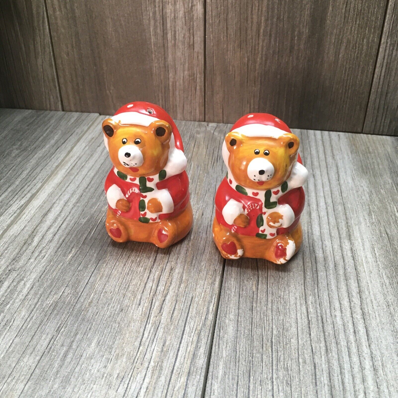 VTG Ceramic Christmas Bears Salt Pepper Shakers Hand Painted