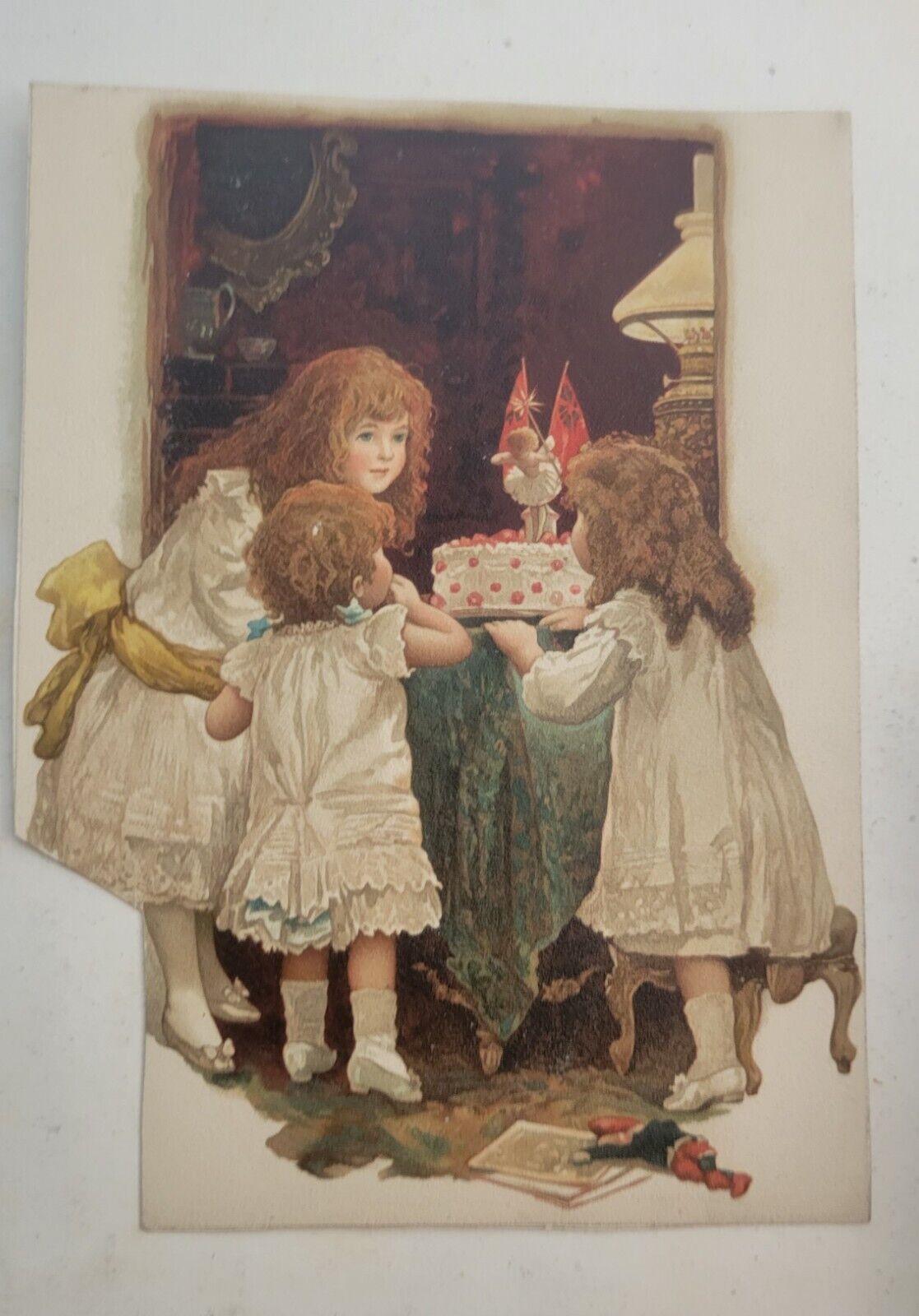 Antique Chromolithograph Victorian Scrap Girls Surrounding Unusual Cake 1800s