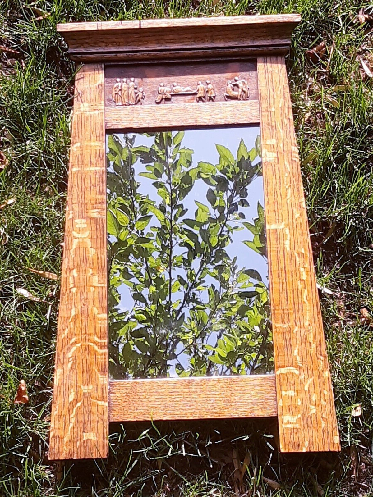 Excellent Tiger Oak Mission Arts Crafts Wall Mirror Frame W/ Celluloid King Tut
