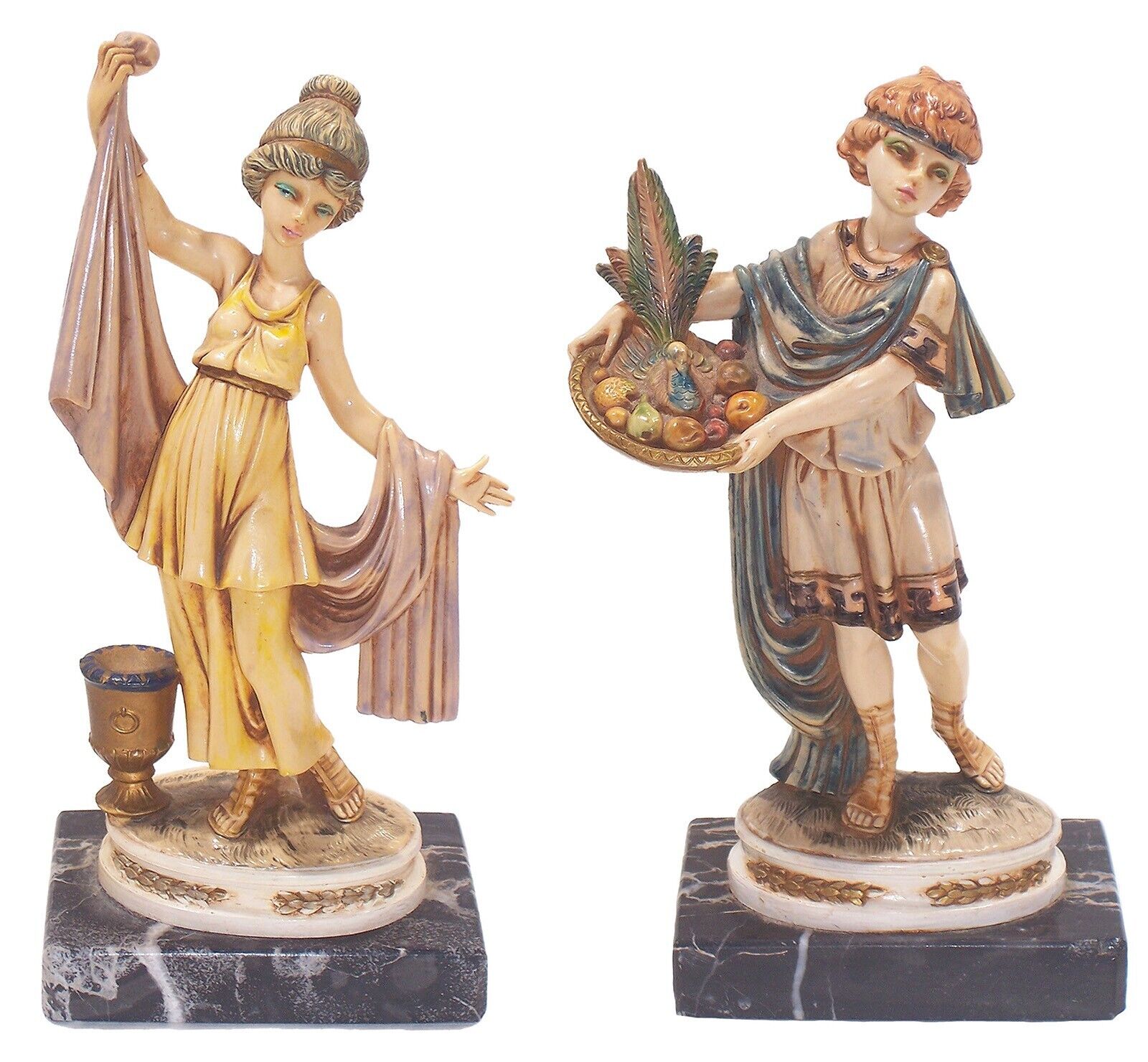 2 Fontanini Simonelli Depose Grecian Figurines, Carrara Marble Bases, 8.25” High