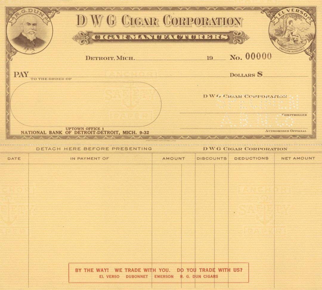 D W G Cigar Corp. - American Bank Note Company Specimen Checks - American Bank N