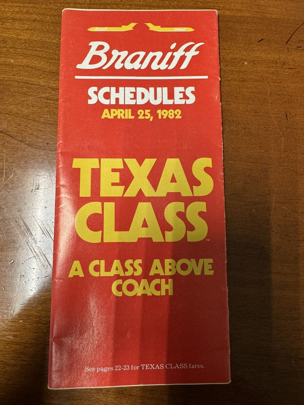 Braniff Airlines Timetable Schedule Texas Class A Class Above Coach - April 1982