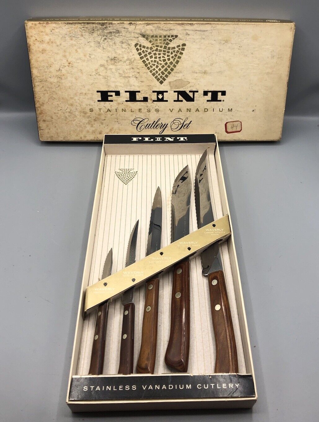 FLINT Stainless Vanadium Cutlery Set of (5) Knives Vtg 1959 Waverly Edge