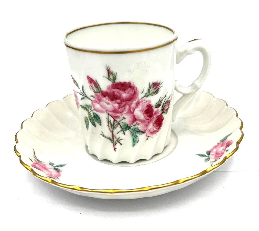 Vintage Porsgrund Norway Teacup and saucer Pink Roses Swirl Pattern Gold Trim