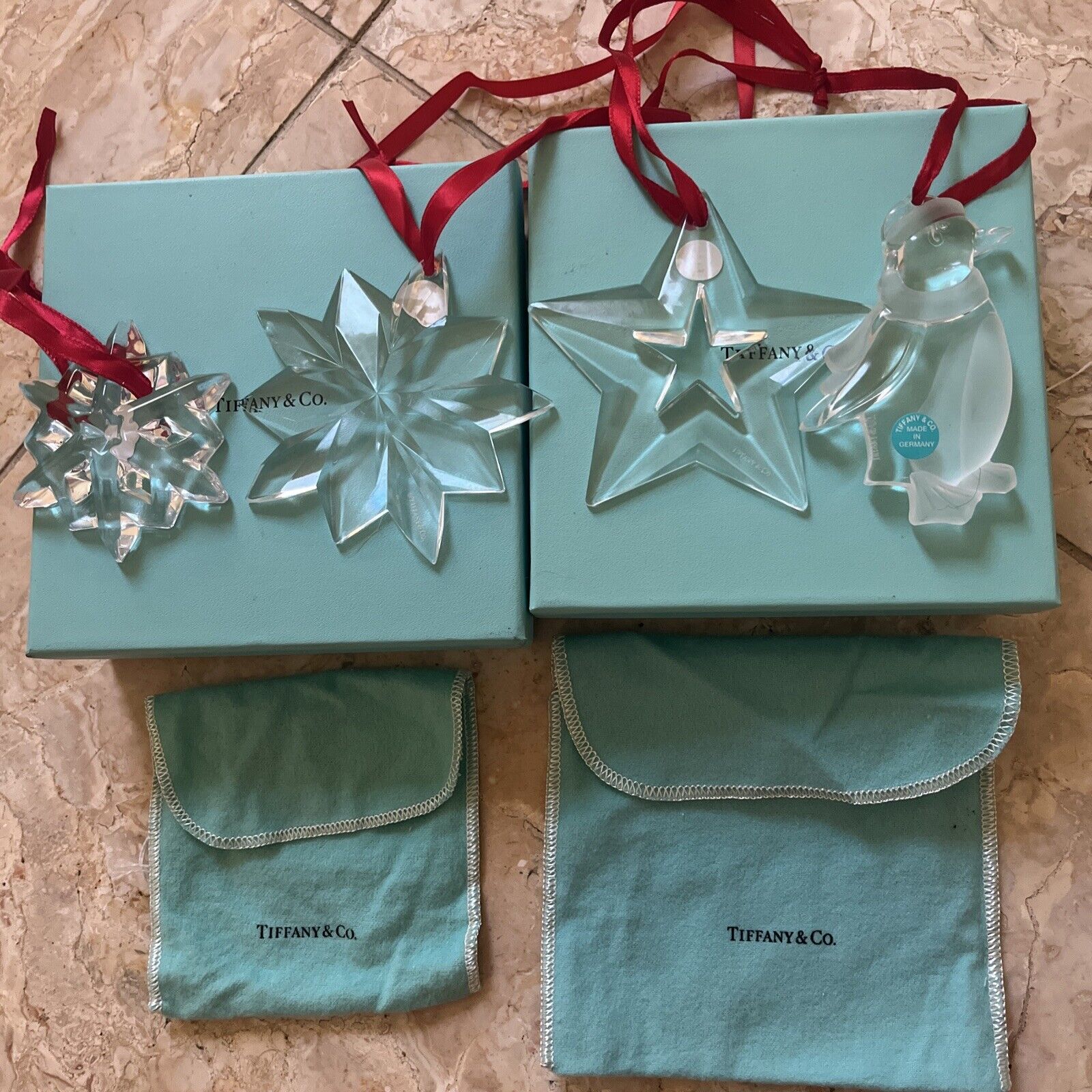 Tiffany & Co. Christmas Ornament Glass Snowflakes,Star, Penguin Lot w/ Box RARE