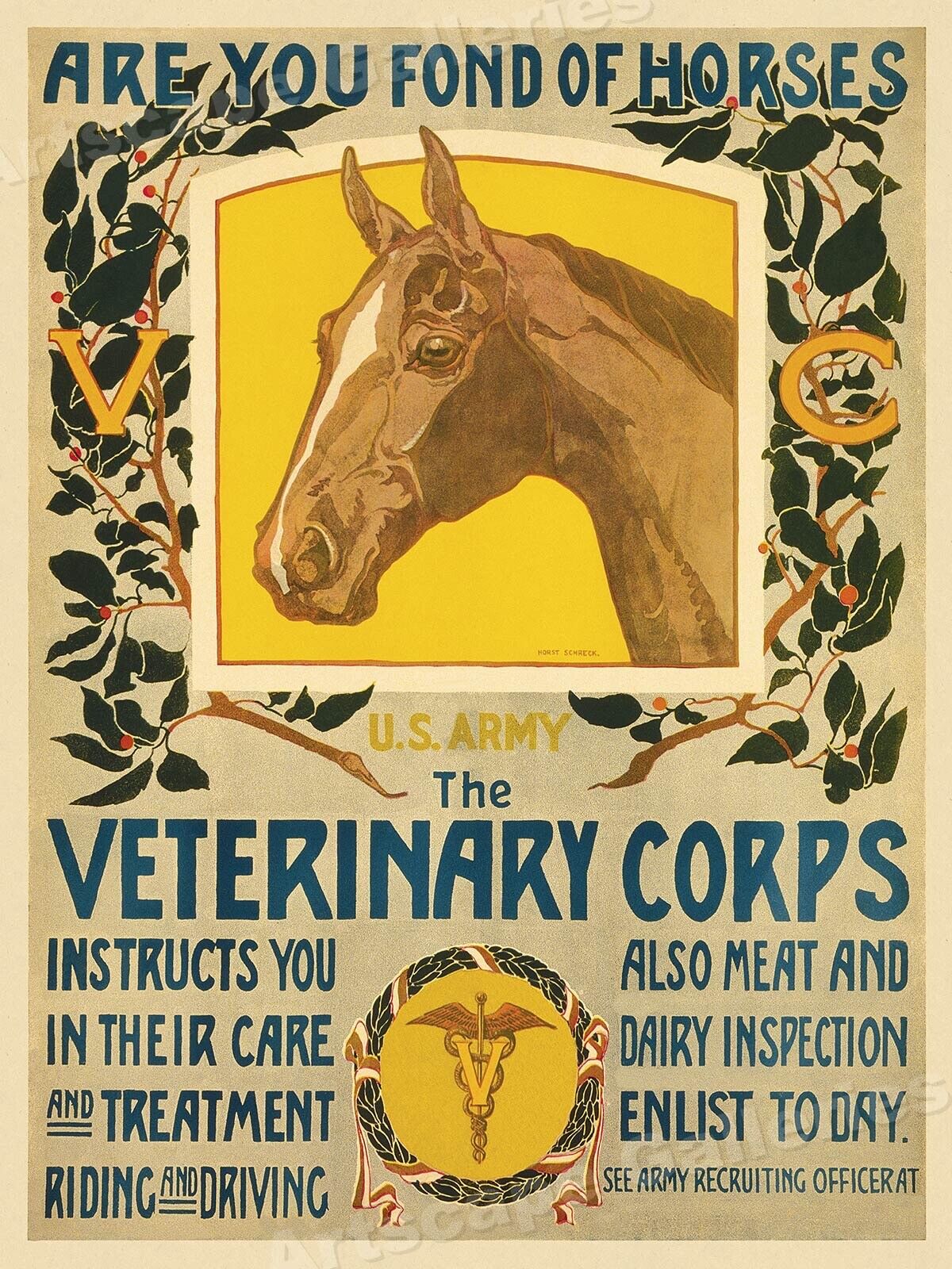 US Army Veterinary Corps 1919 World War I Fond of Horses Poster - 24x32