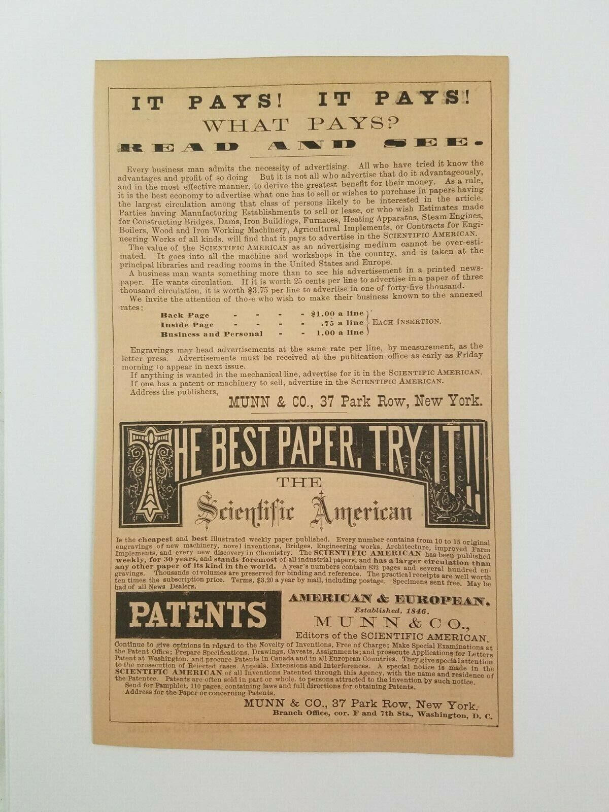 1876 New York City Print Advertisement Munn & Co Scientific American Newspaper
