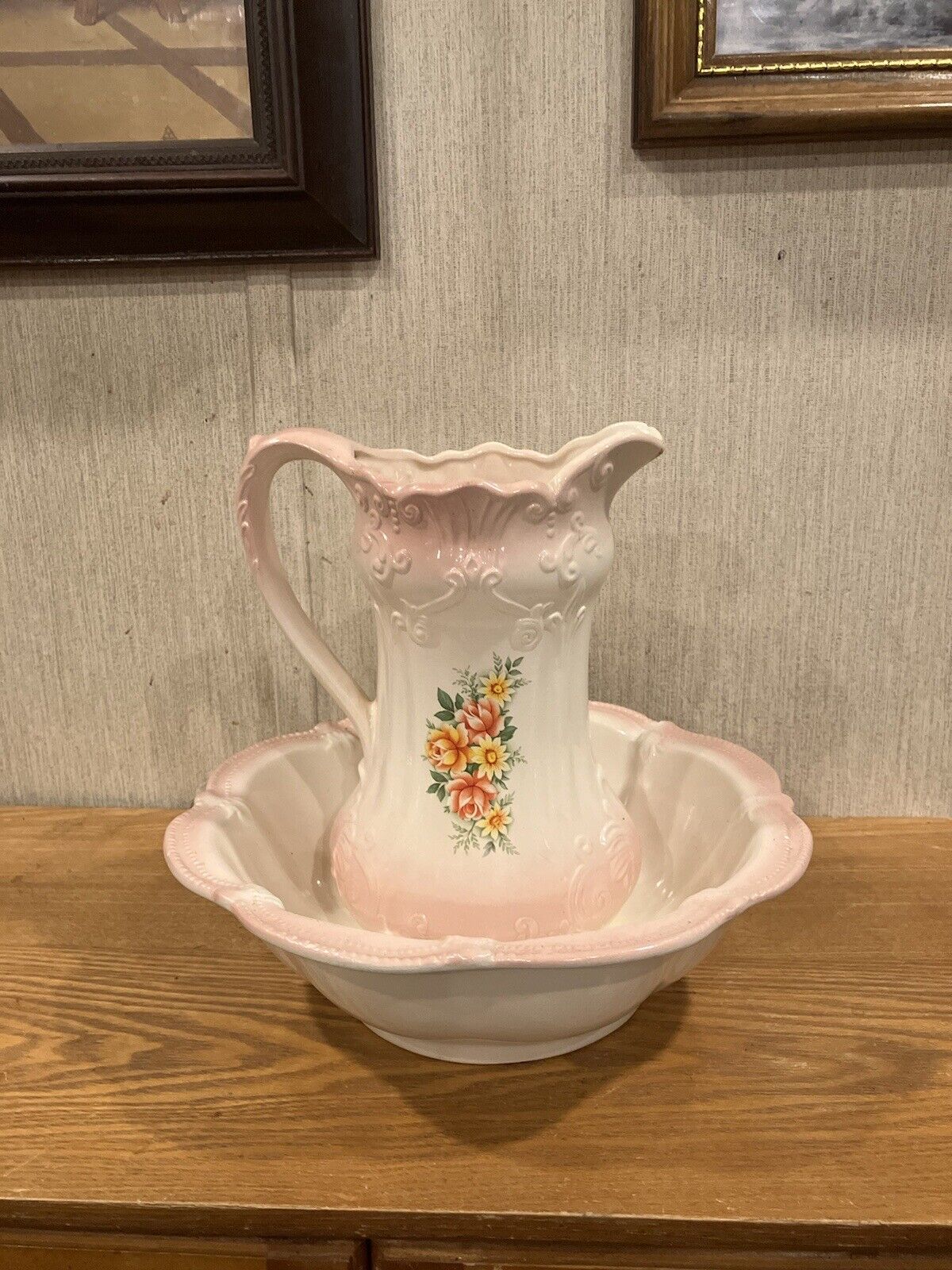 Vintage 1960’s, Hand Painted Pink And White Floral Design Pitcher And Basin 