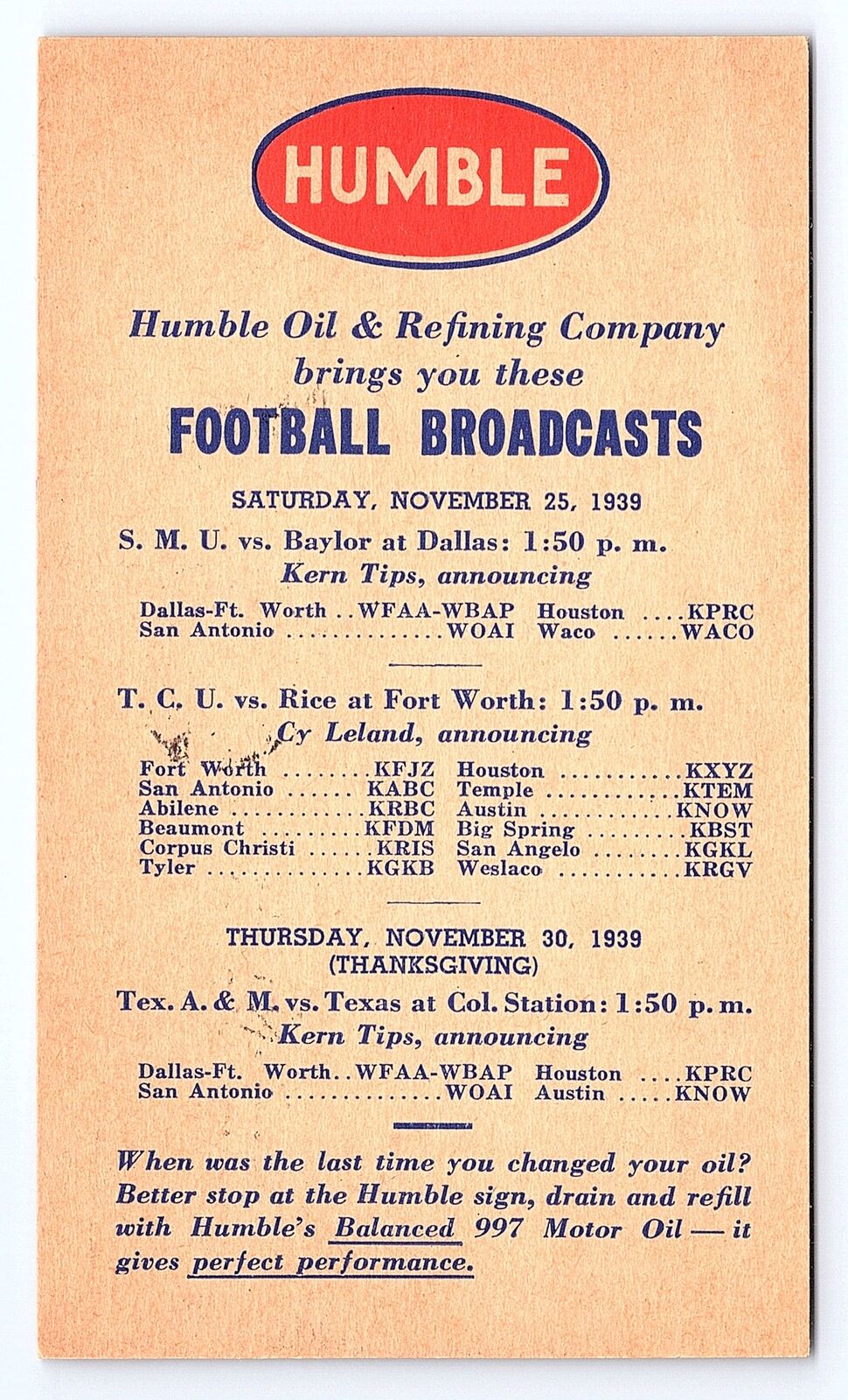 Postcard Humble Oil 1939 College Football Radio Broadcasts TCU Baylor Rice Etc..