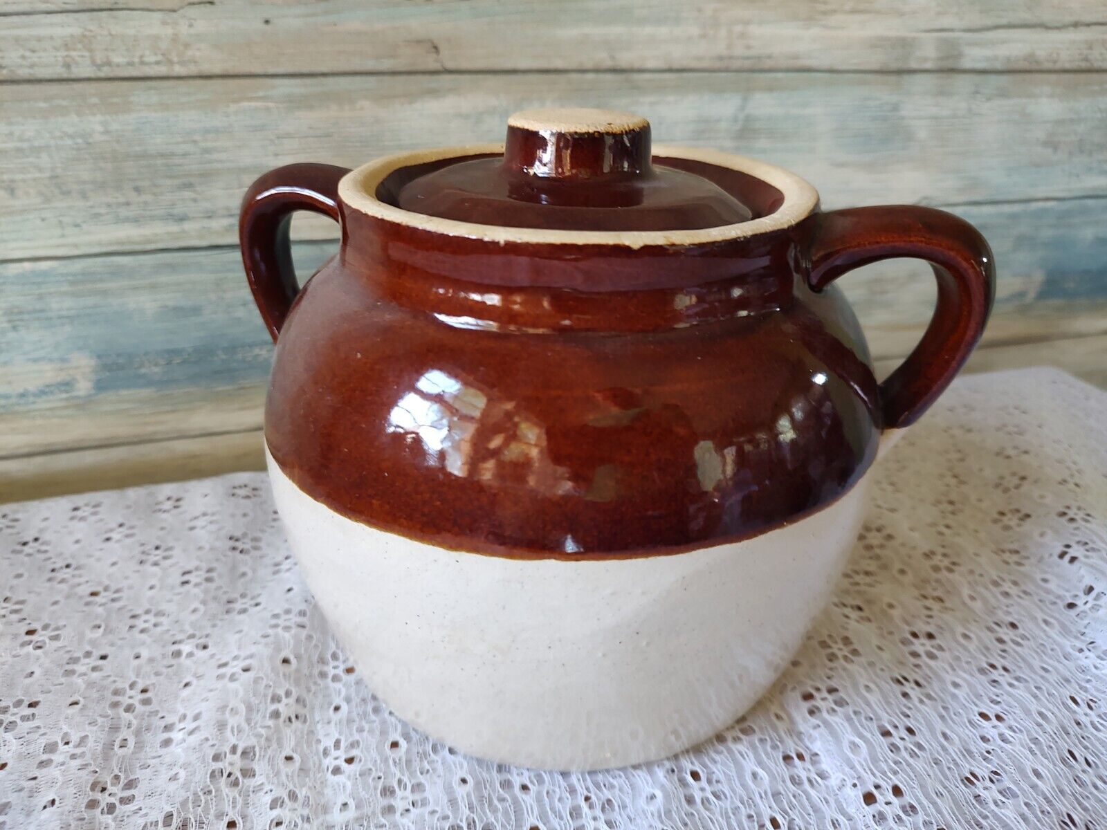 Antique Vintage Stoneware Bean Pot USA Brown Glaze Double Handles Pottery 