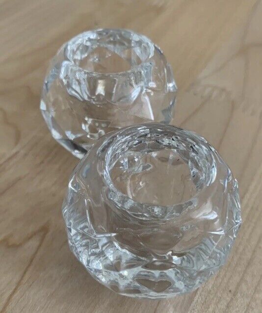 Pair of Small Round Crystal Candle Stick Holders Elegant Crystal Orbs