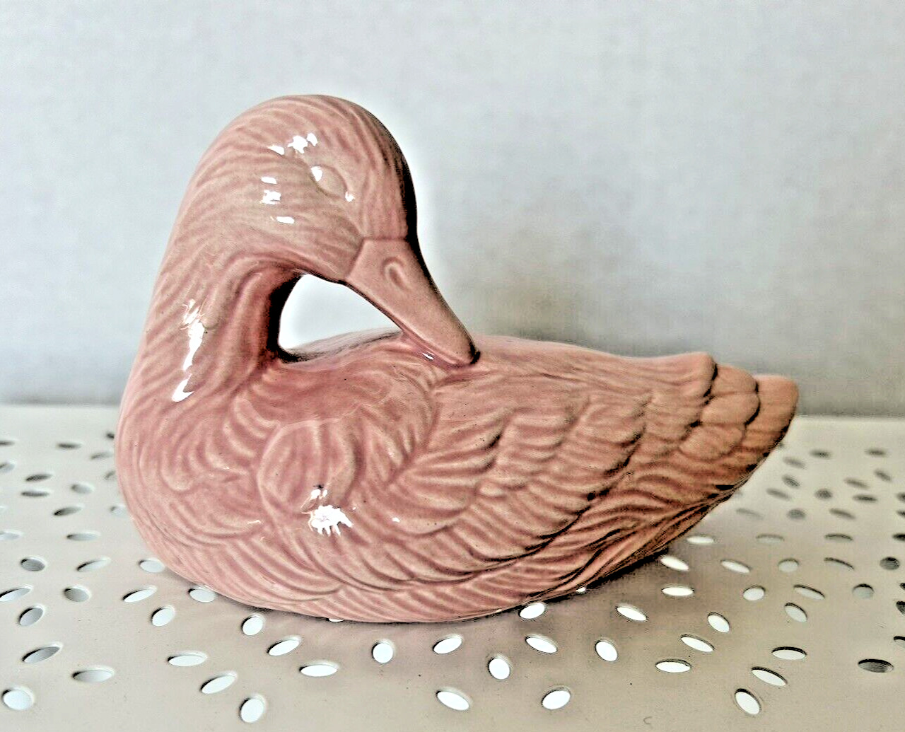 small hand painted ceramic duck figurine vintage pink signed