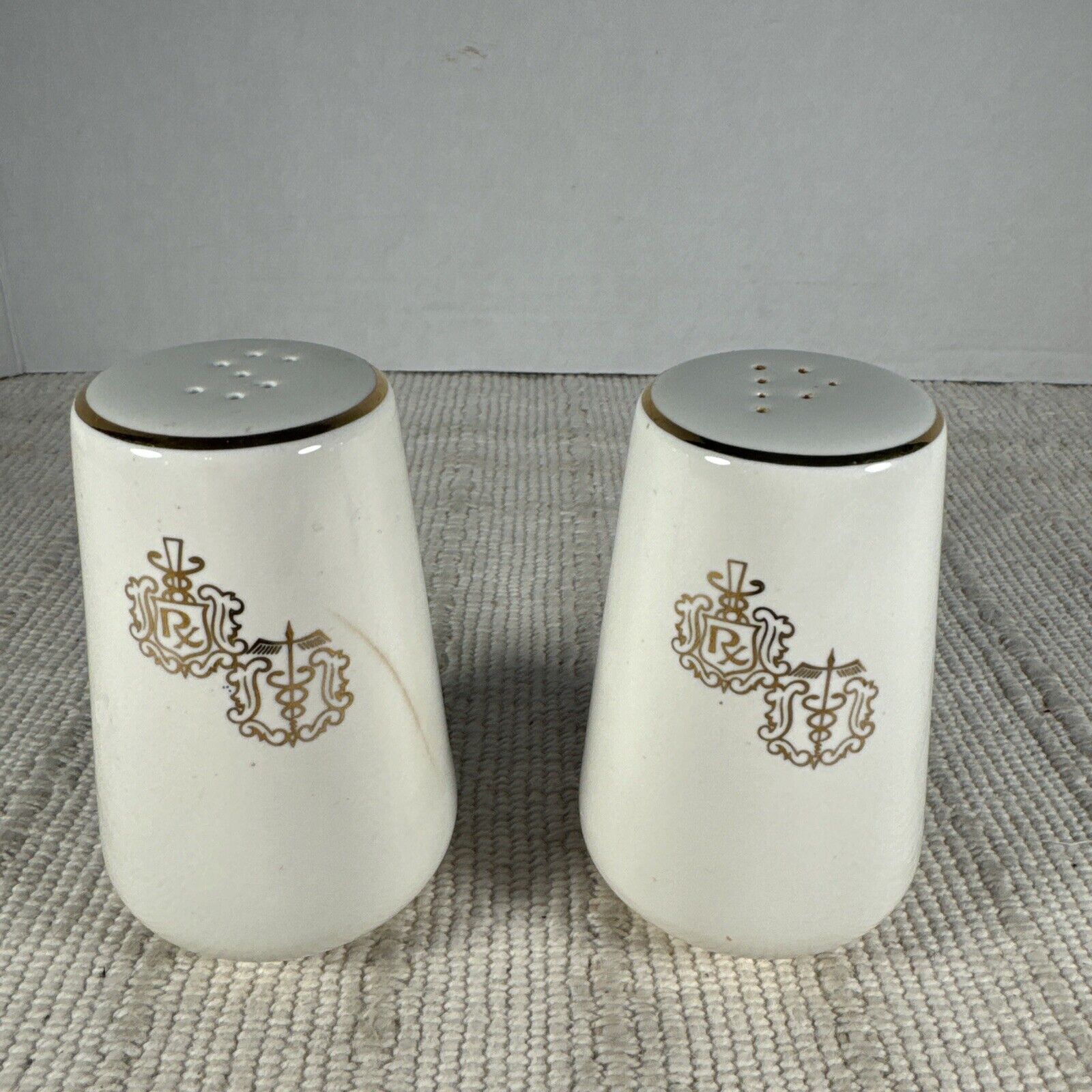 Vtg Hall China Crestware Rx Caduceus Salt & Pepper - Ivory Porcelain, Gold Trim