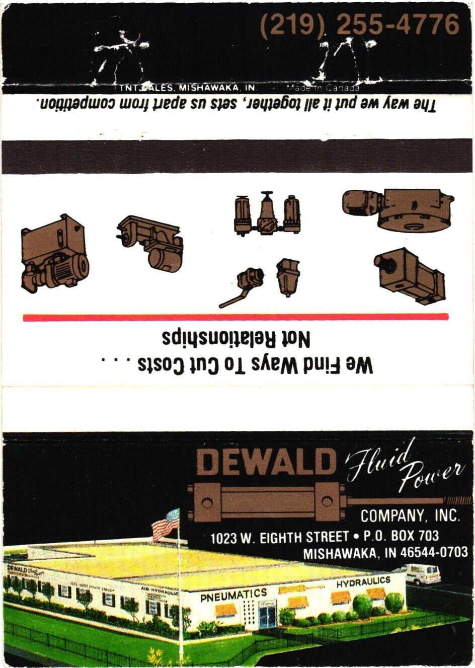 Dewald Company Inc., Fluid Power, Mishawaka, Indiana Vintage Matchbook Cover