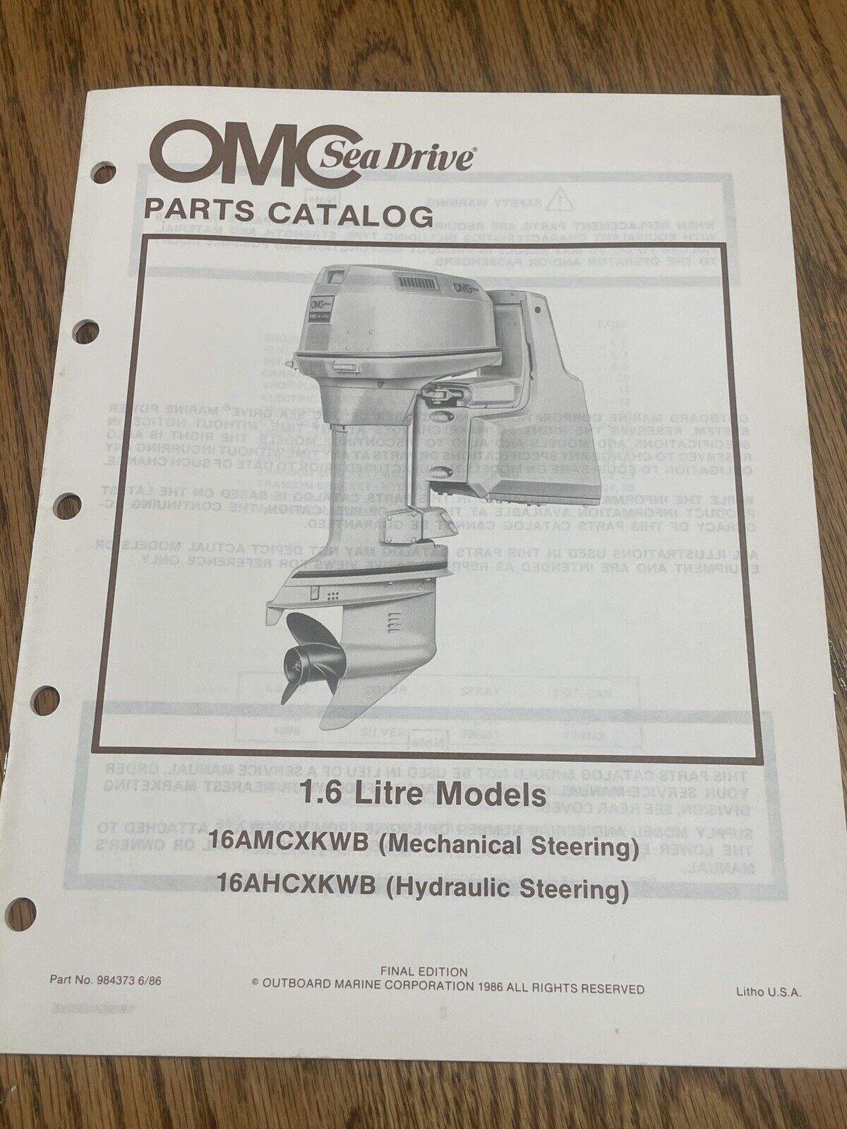 Vintage 1986 OMC Sea Drive Parts Catalog  1.6  Litre Models ￼ Mechanical