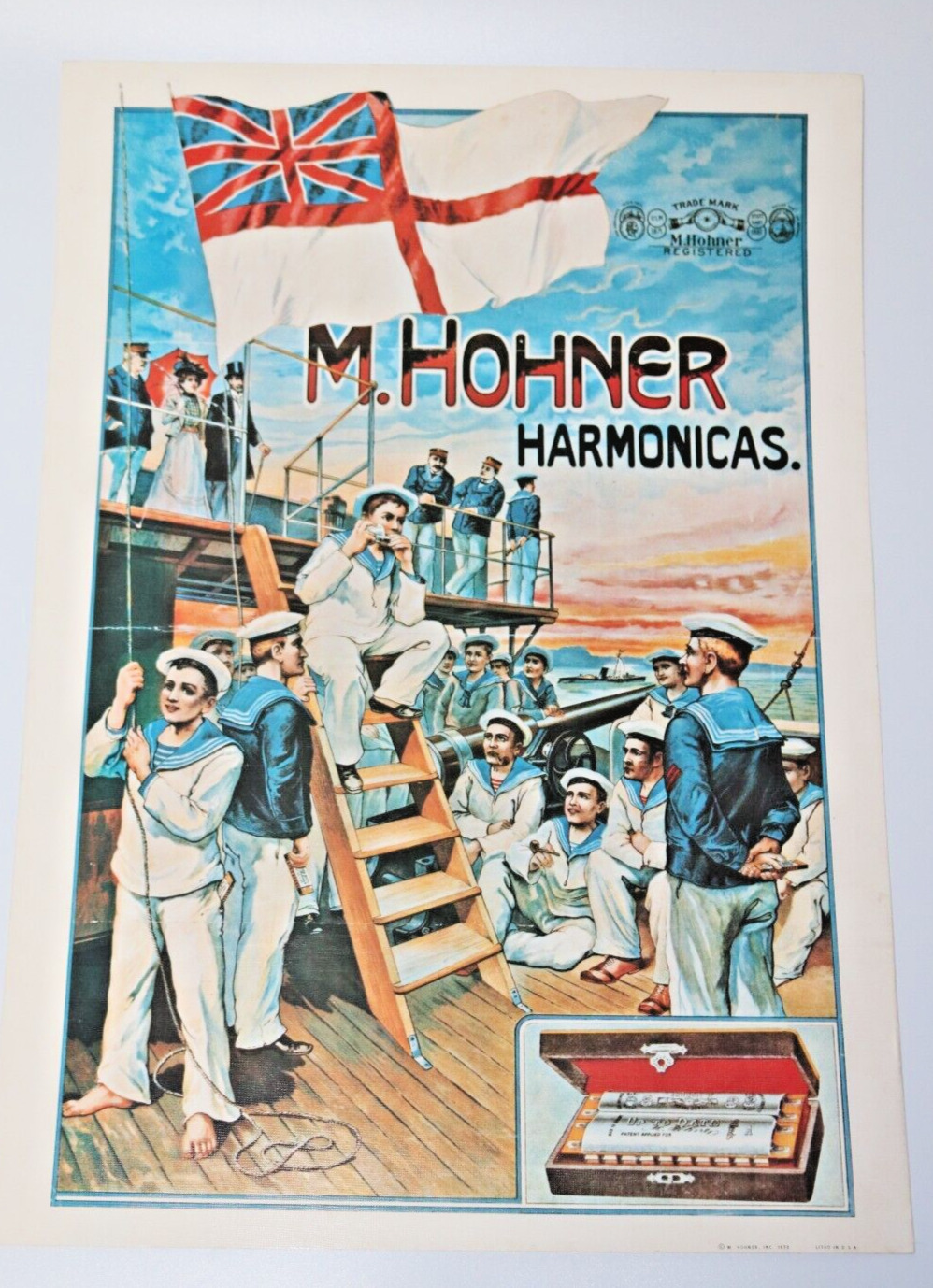 M. Hohner Harmonicas Vintage Litho Poster 12X17 Lithograph 1972 Sailors on Ship