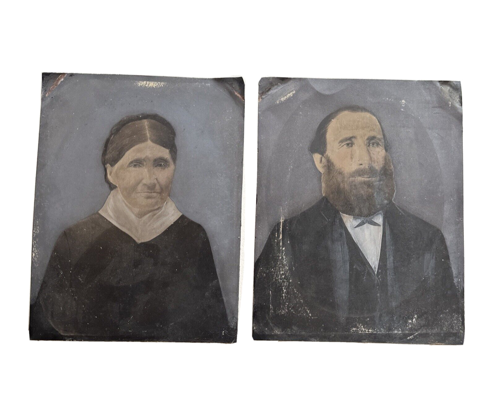 Full Plate Tintype Portrait Pair Man Woman Hand Tinted Antique 1800s Photographs