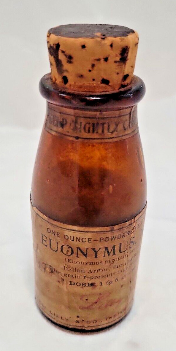 Antique Eli Lilly Cork blown amber glass Extract Wahoo Tonic Complete Labels 