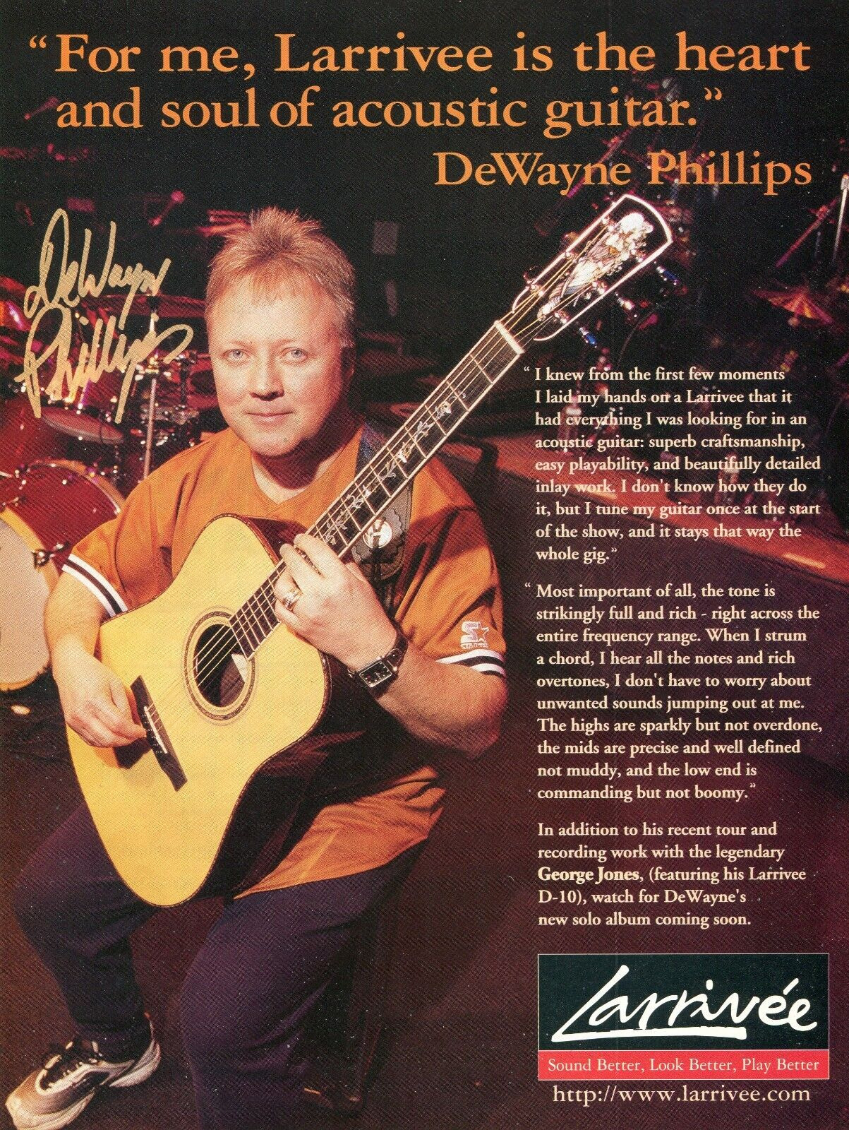 2000 Print Ad of Larrivee D10 Acoustic Guitar w DeWayne Phillips of George Jones