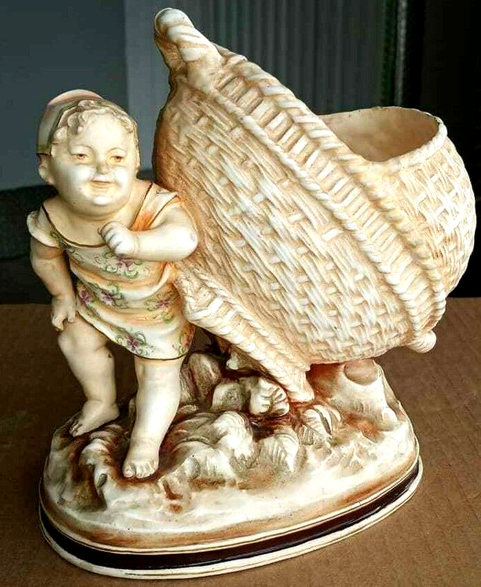 Antique German Gebruder Heubach Porcelain Figurine, Baby with Bowl, 8\