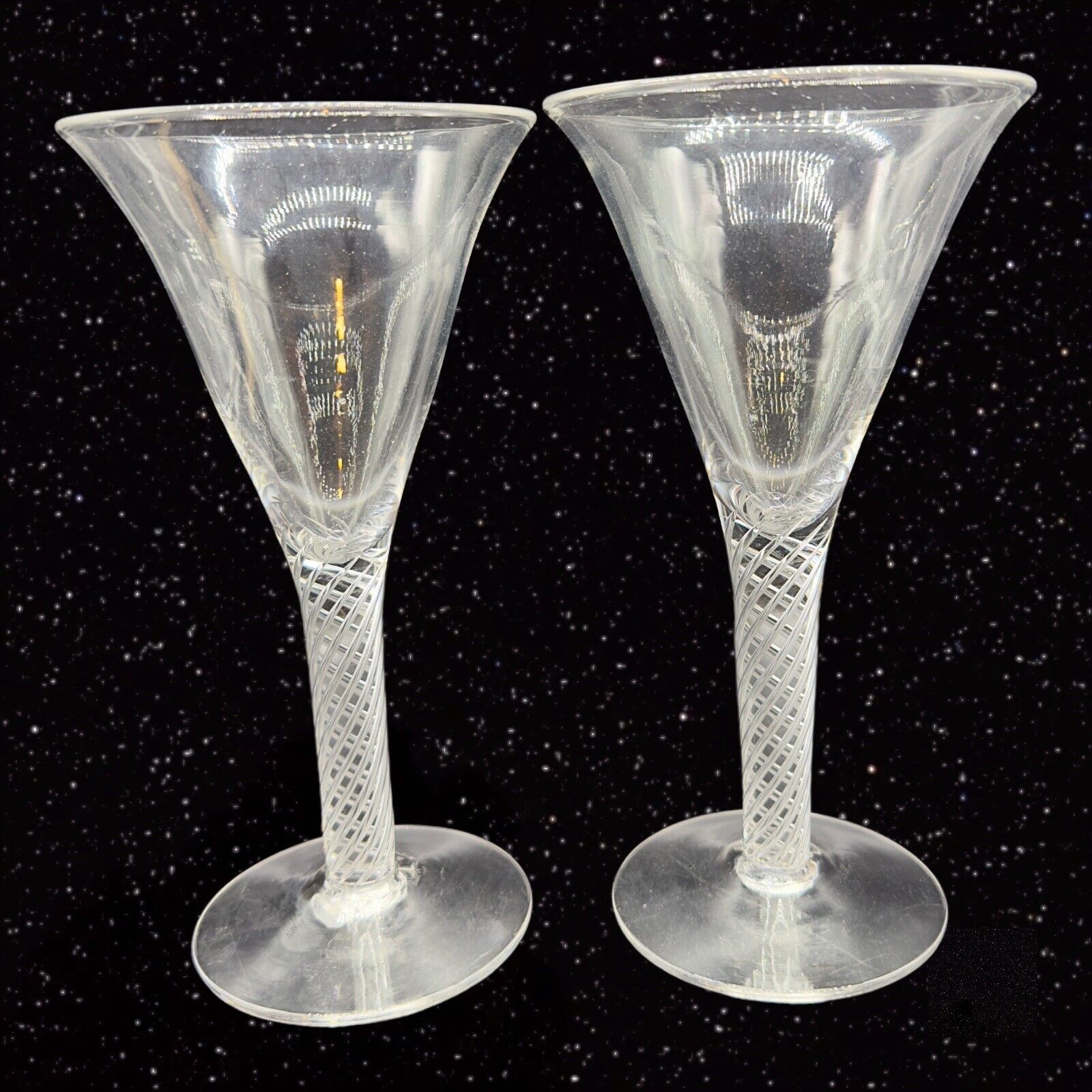 Antique Victorian Clear Spiral Twist Stem Wine Glasses Hand Blown Goblet Set 2