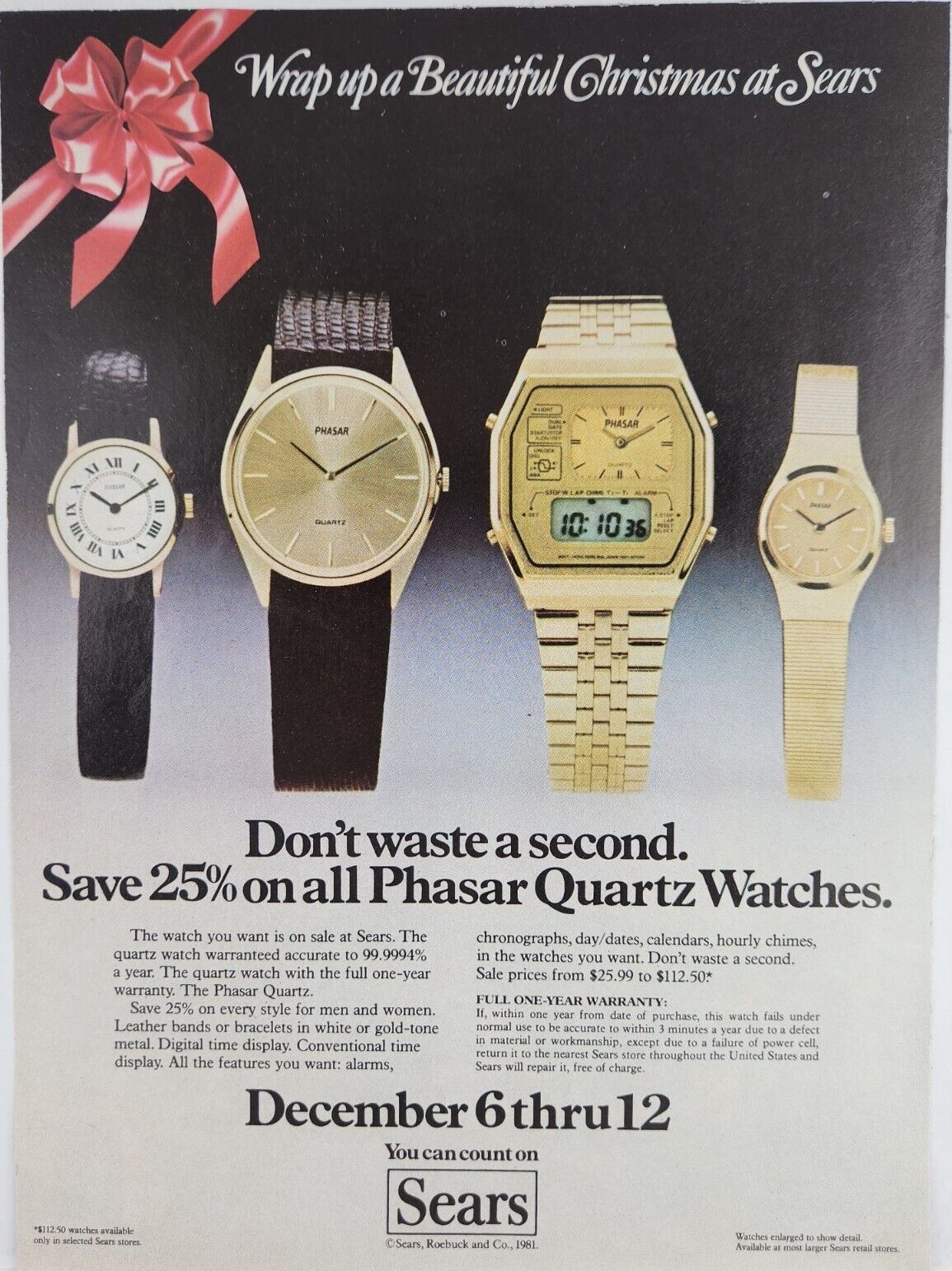 1981 Sears Phasar Quartz Watches Vintage Print Ad Man Cave Poster Art Deco 80\'s