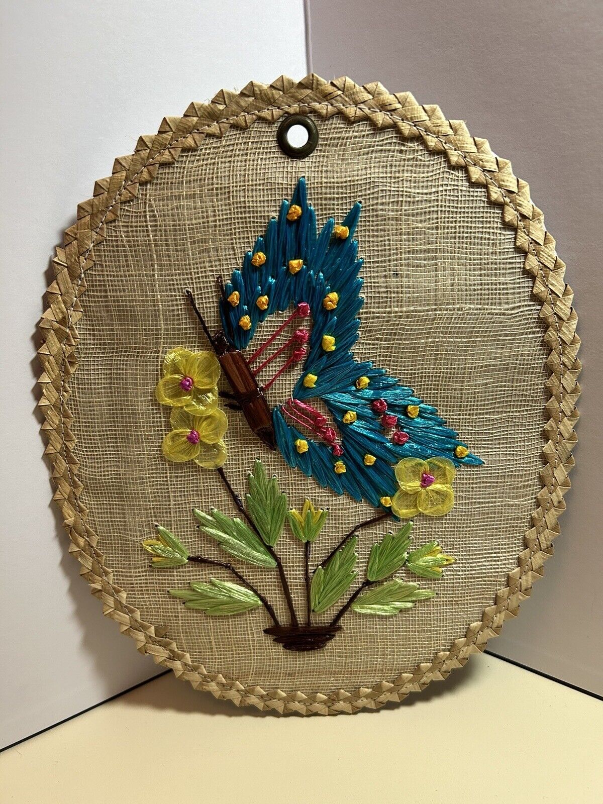 Vintage Mid Century MCM Raffia Palm Woven TURQUOISE BUTTERFLY Wall Hanging Art