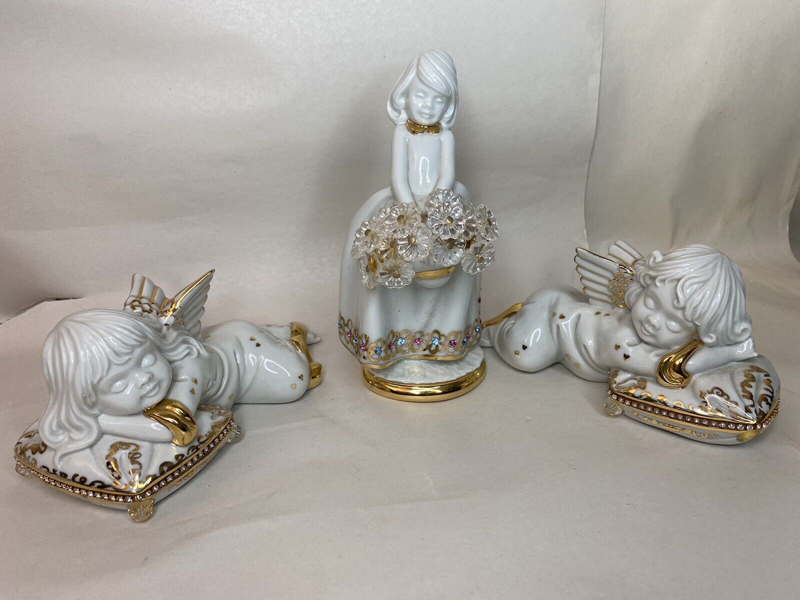 Limoges Oggetti Figurine Swavorski Crystals Made in Italy Girl Angels Set of 3
