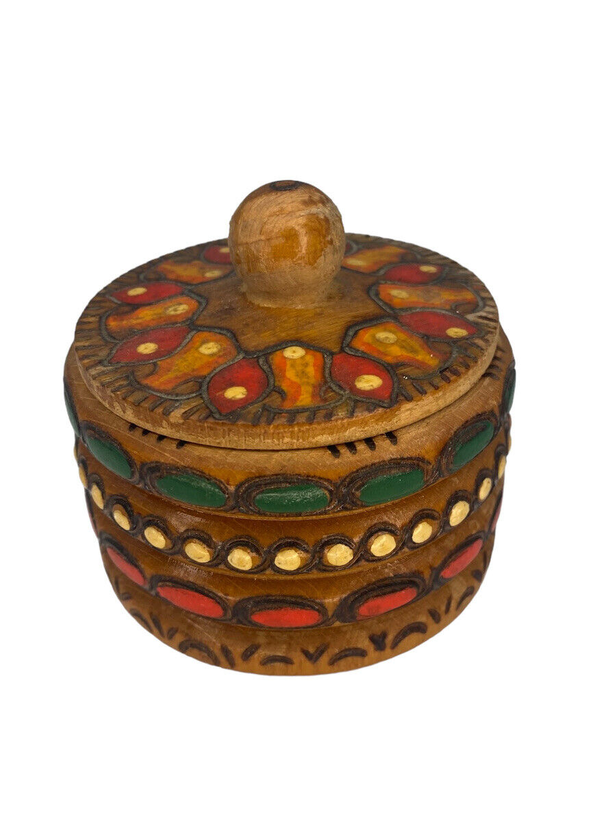 Vintage PYROGRAPHY Hand Painted Wood Small Canister Box Artisan Boho