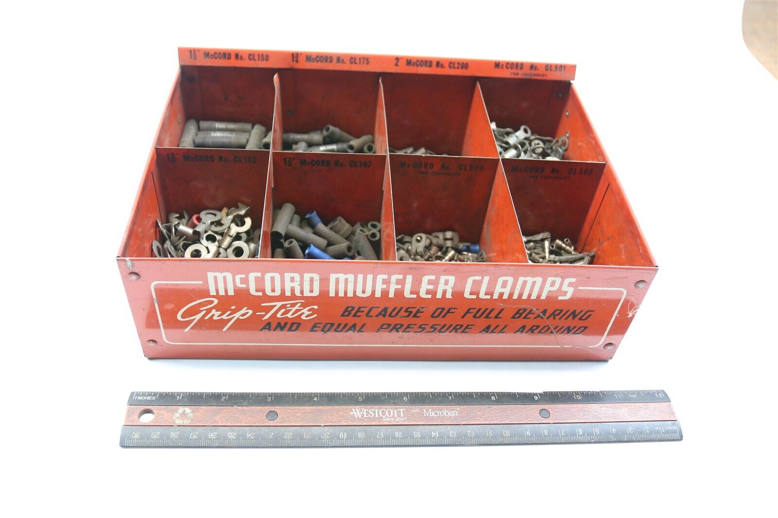 VINTAGE 1940S-1950S MCCORD MUFFLER CLAMPS DISPLAY BOX GAS SERVICE STATON RARE