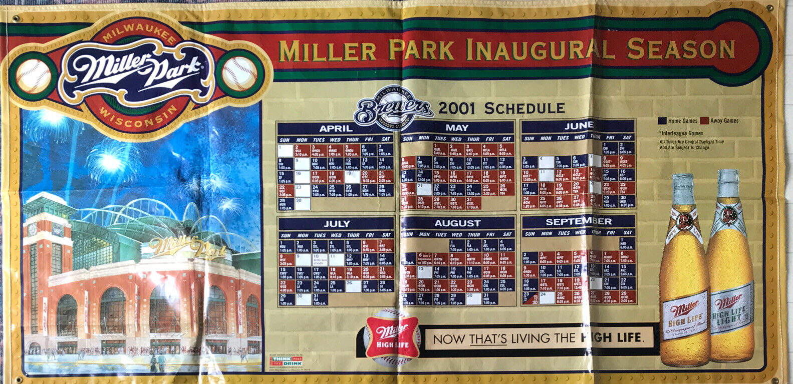 RARE 2001 Milwaukee Brewers Miller Park Inaugural Season 3'x6' Banner Sign Beer