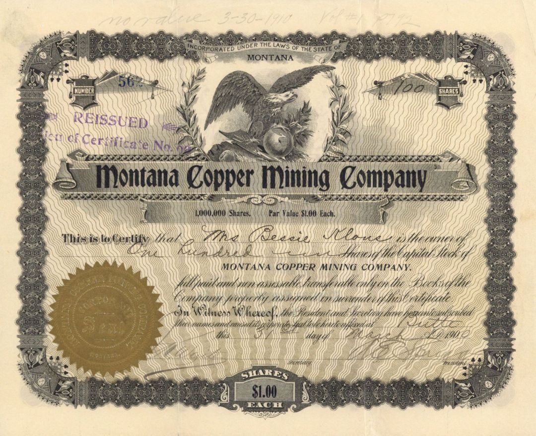 Montana Copper Mining Co. - Stock Certificate - Mining Stocks