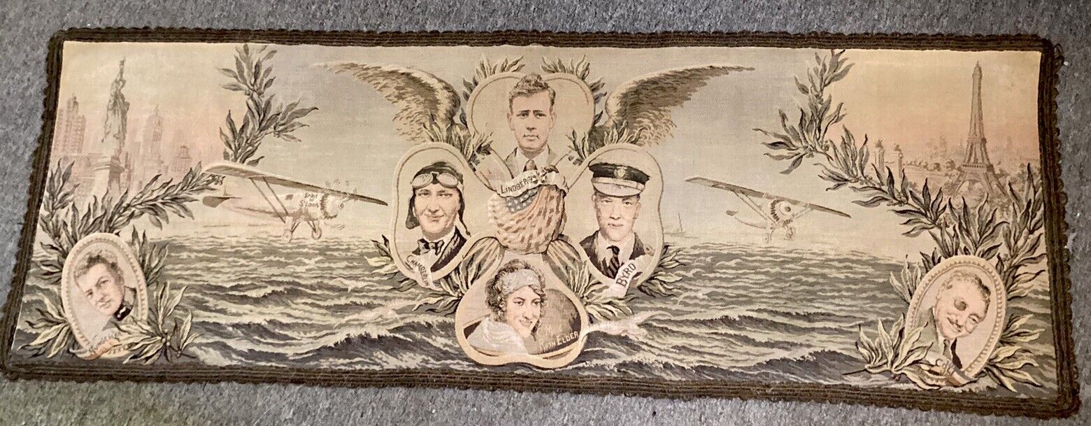 Antique 1920s Charles Lindbergh Spirit Of St. Louis Tapestry 56\