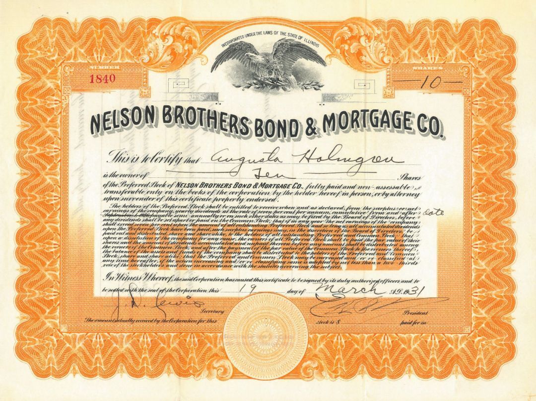 Nelson Brothers Bond & Mortgage Co. - 1931 dated Stock Certificate - Banking Sto
