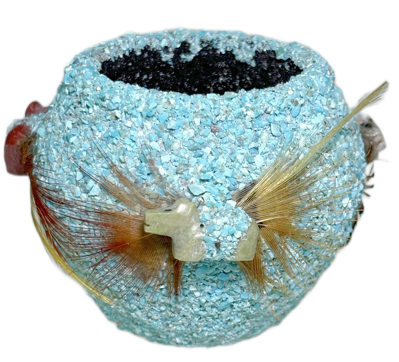Mini Native Zuni Indian Tribal Pot Crushed Turquoise Pottery Bowl H1.75” x 2.25