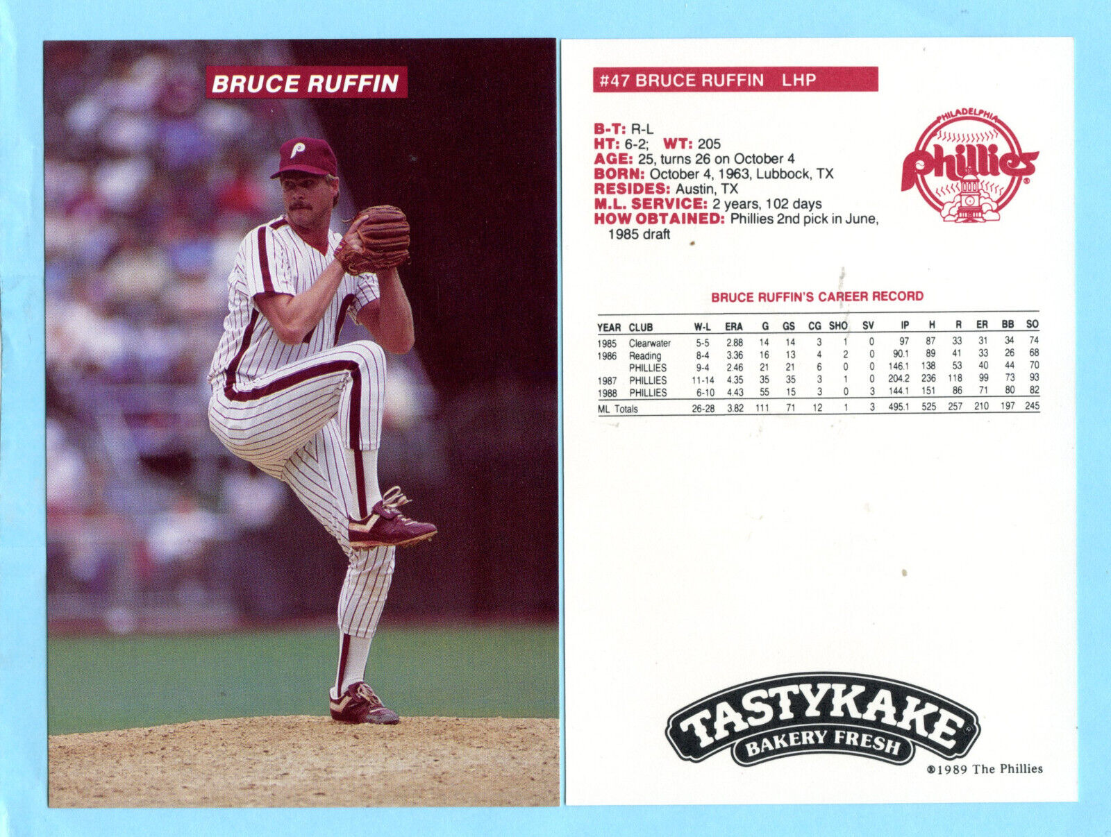 1989 Tastykake Phillies Postcard # 47 Bruce Ruffin  Box 710