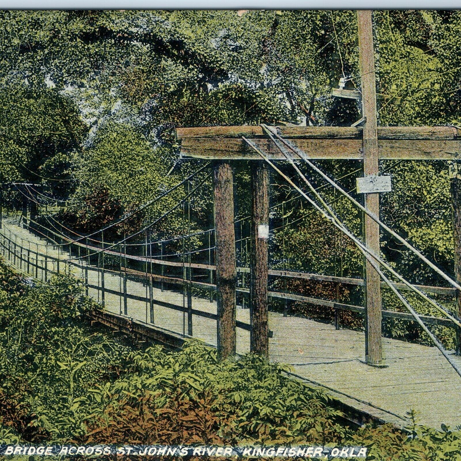 c1900s Kingfisher, Okla Suspension Bridge St John\'s River Postcard OK A87