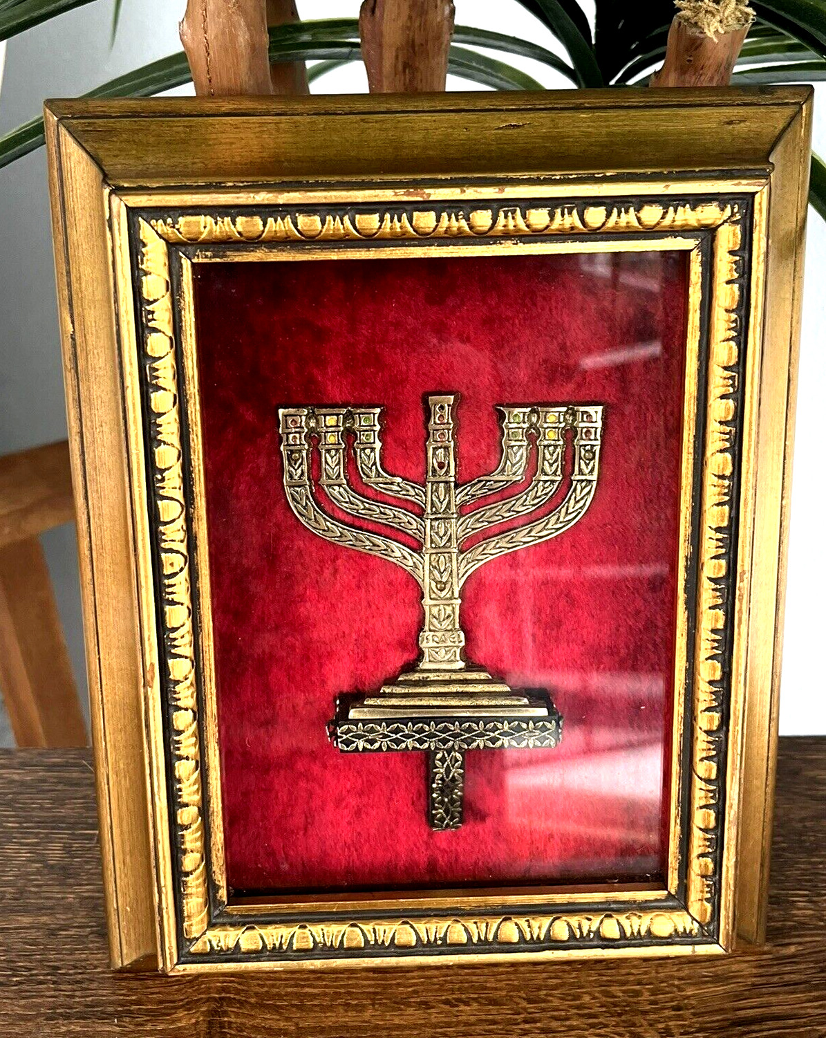Vintage Judaica Temple Menorah Jewish Art Brass Wall Decor Framed