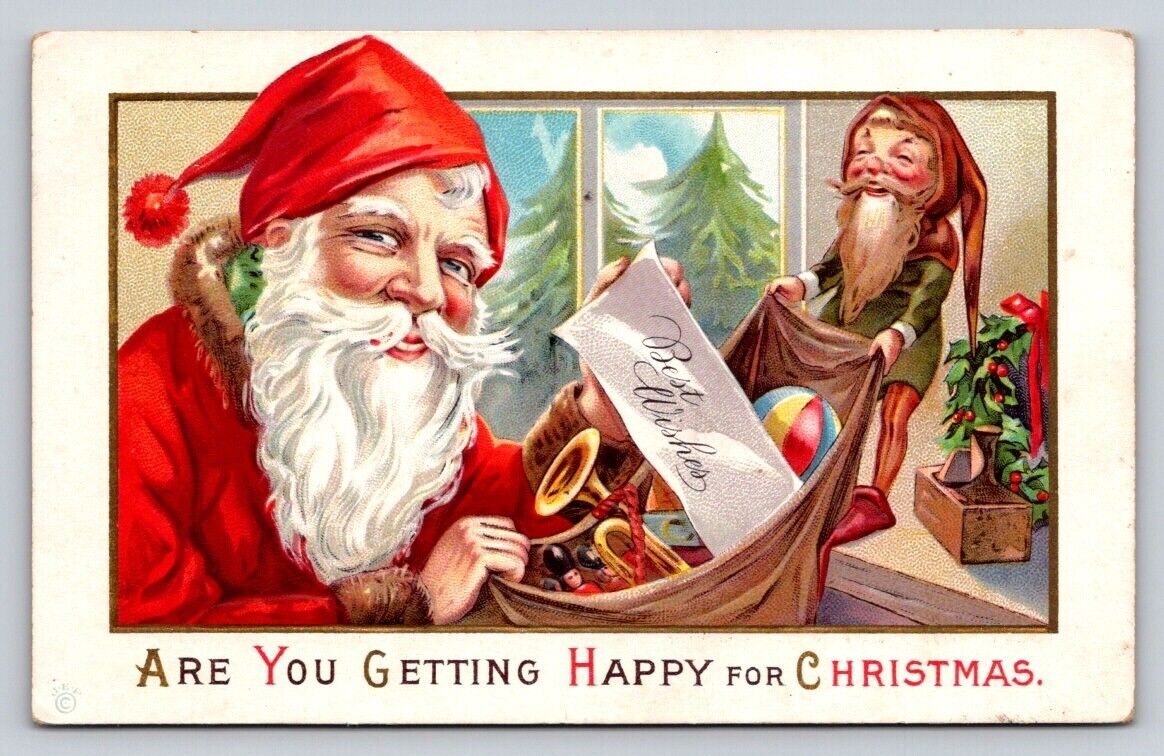 c1915-20s Santa Claus Elf Sack Bag Toys Smiling Christmas P338