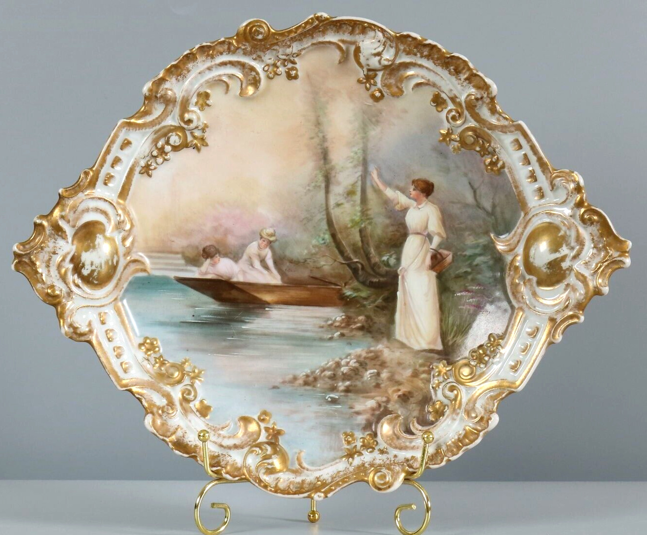 Antique 1922-1938 Limoges France Luxurious decorative dish porcelain 39 x 30 cm